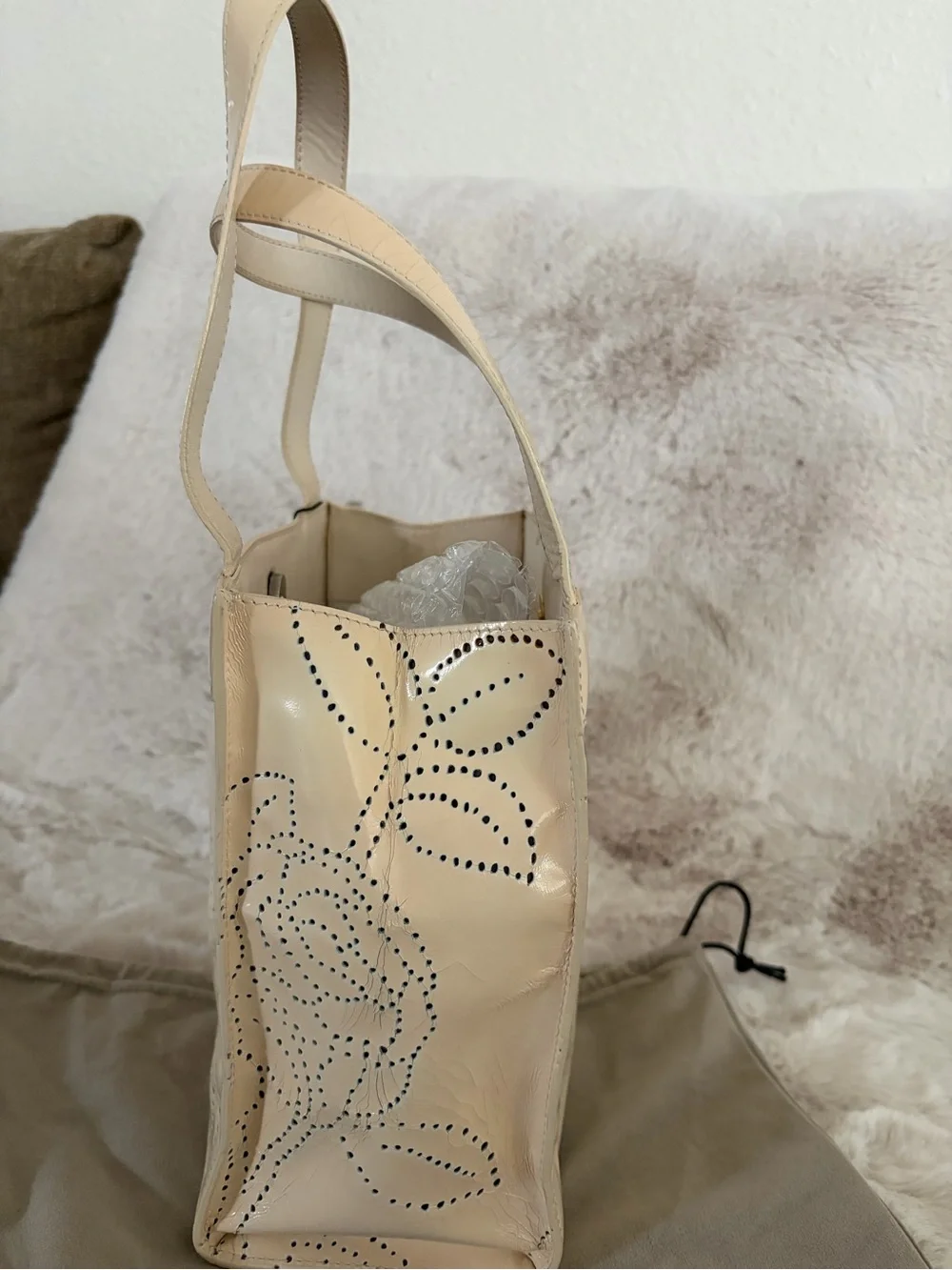 Chanel Small Beige Patent Leather Floral Perforated Tote